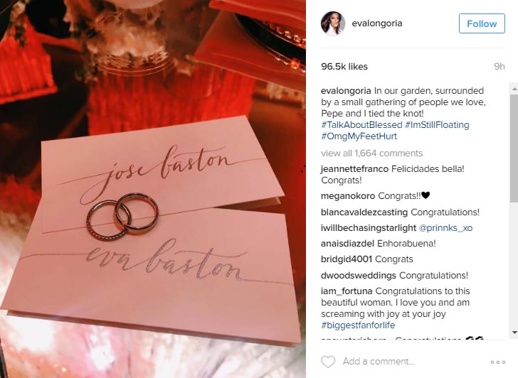 Eva Longoria shared an image of ehr wedding placecards on her Instagram account