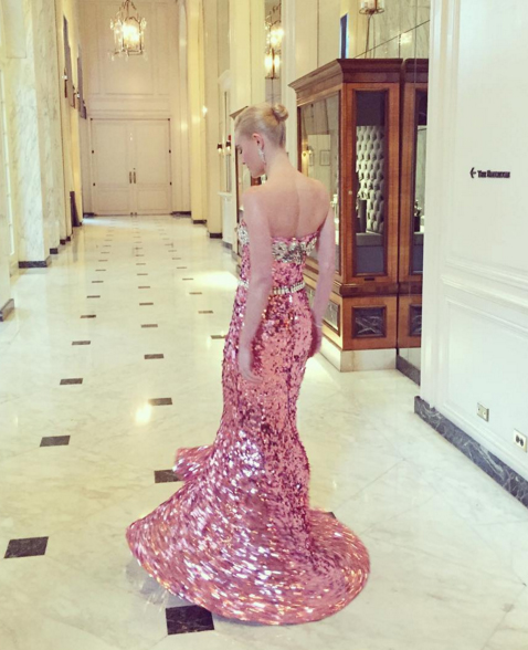 Kate Bosworth in a sparkly sequined Dolce and Gabbana strapless gown. Image: Kate Bosworth via Instagram