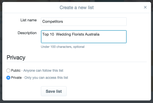 Twitter private lists for watching competition