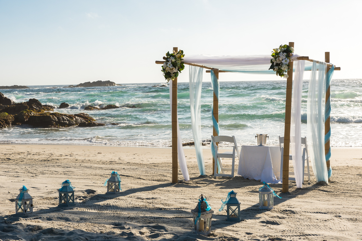 Altar on the beach ready for wedding ceremony