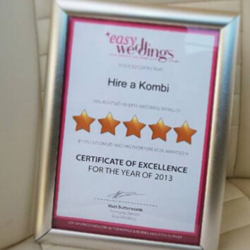 Hire a Kombi were just one of hundreds of Easy Weddings suppliers to receive a five-star review certificate of excellence.