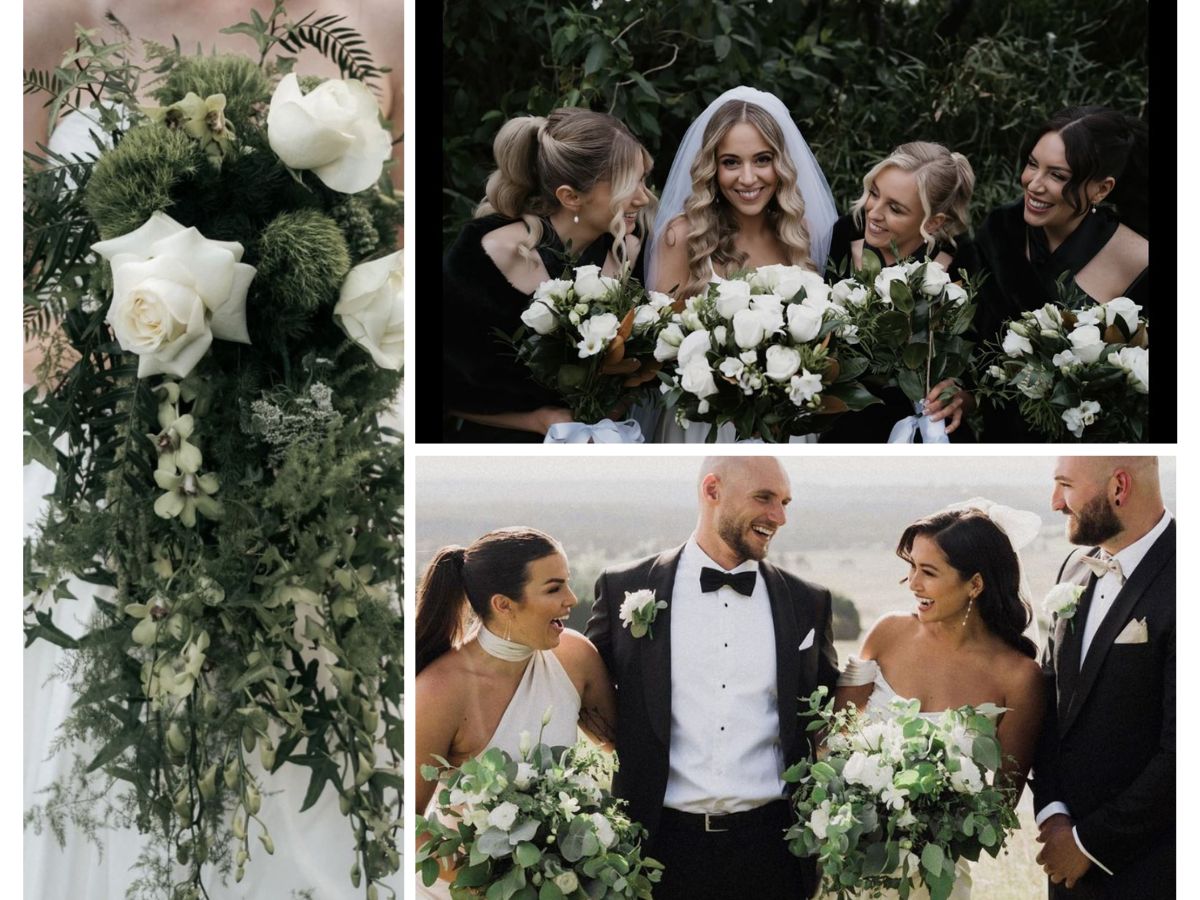 A collection of white and green wedding bouquets of 2025