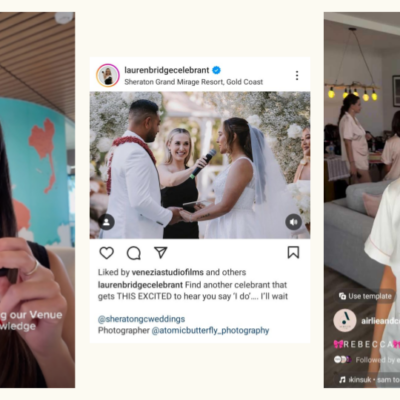Social media can create an authentic brand image and connection with couples. Images: Venue Crew, Lauren Bridge, Airlie&Co