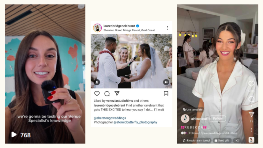 Social media can create an authentic brand image and connection with couples. Images: Venue Crew, Lauren Bridge, Airlie&Co