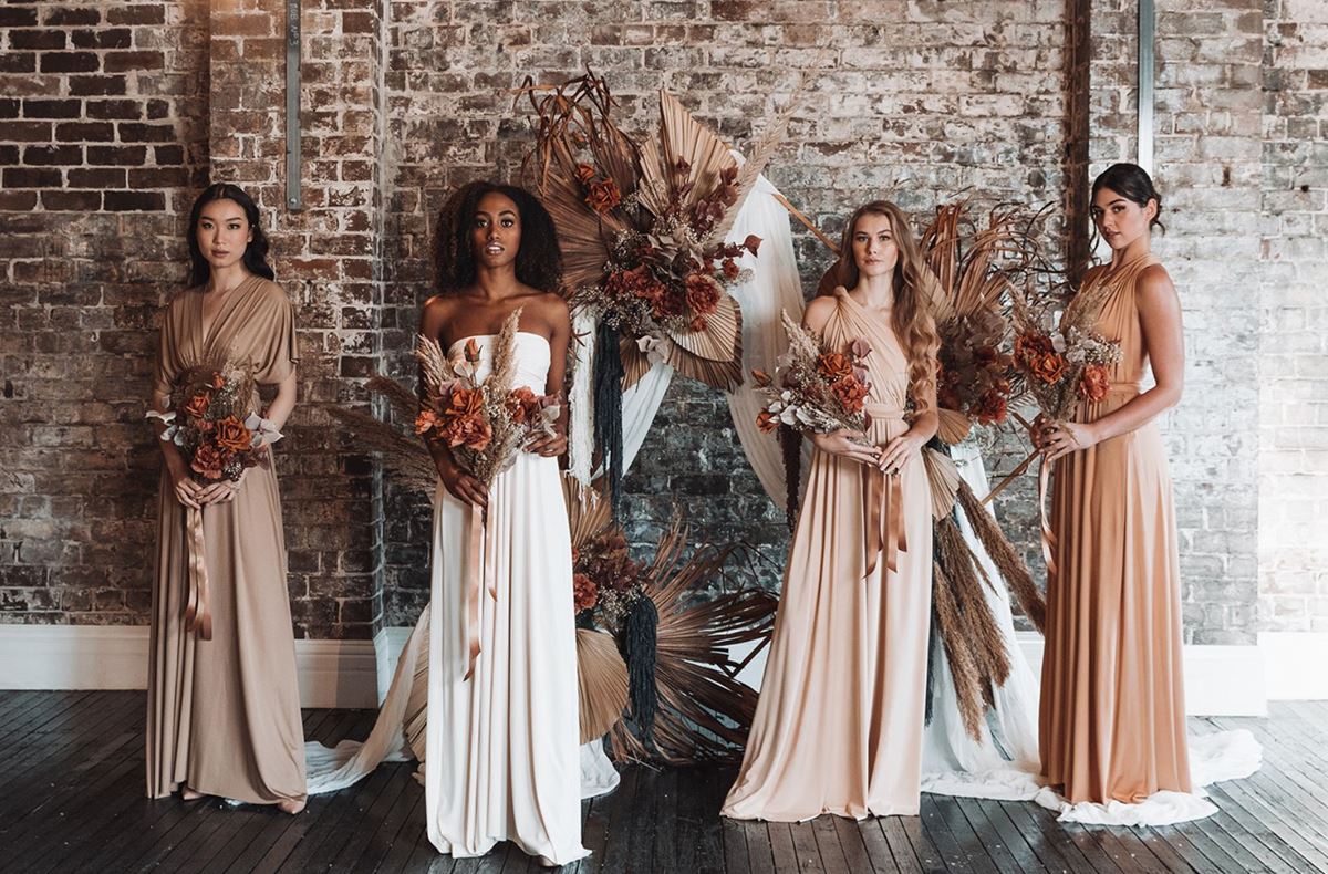 bridesmaid dresses in brown and white