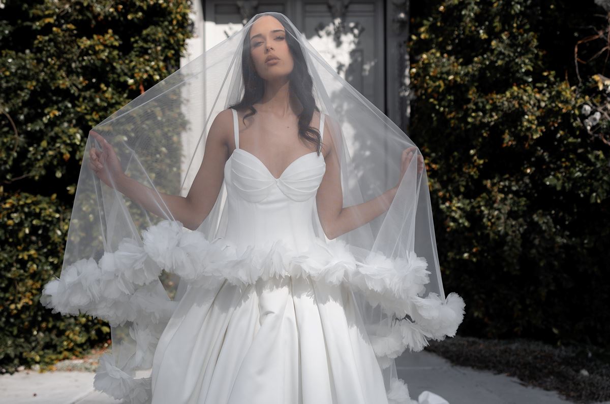 wedding dress with detailed veil