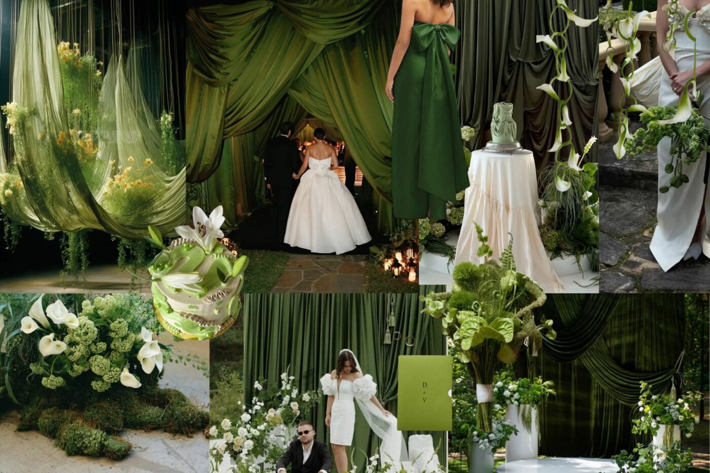 Unique wedding colour combinations: dark green and sage mood board.