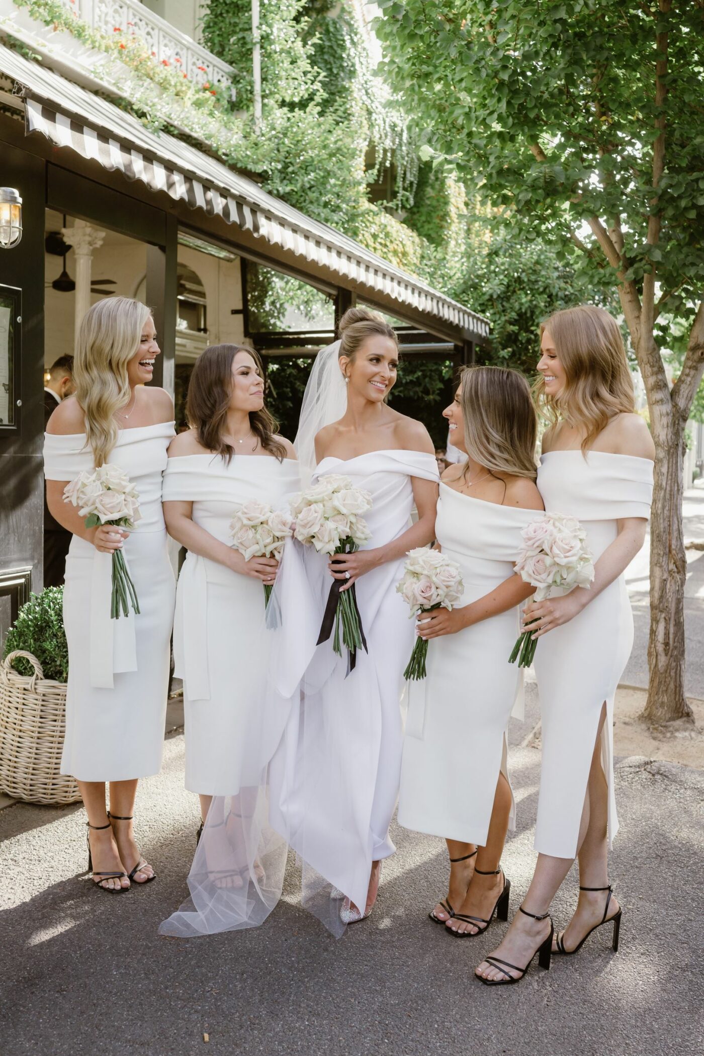 yellow wedding bridesmaids and white dress bride