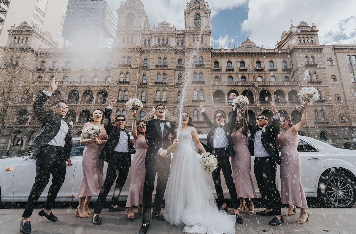 bridal party with a champange shower