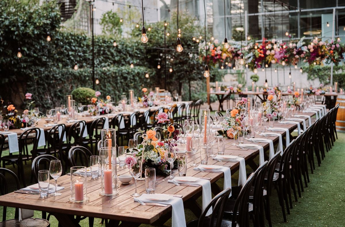 wedding set up flowers and festoon lights