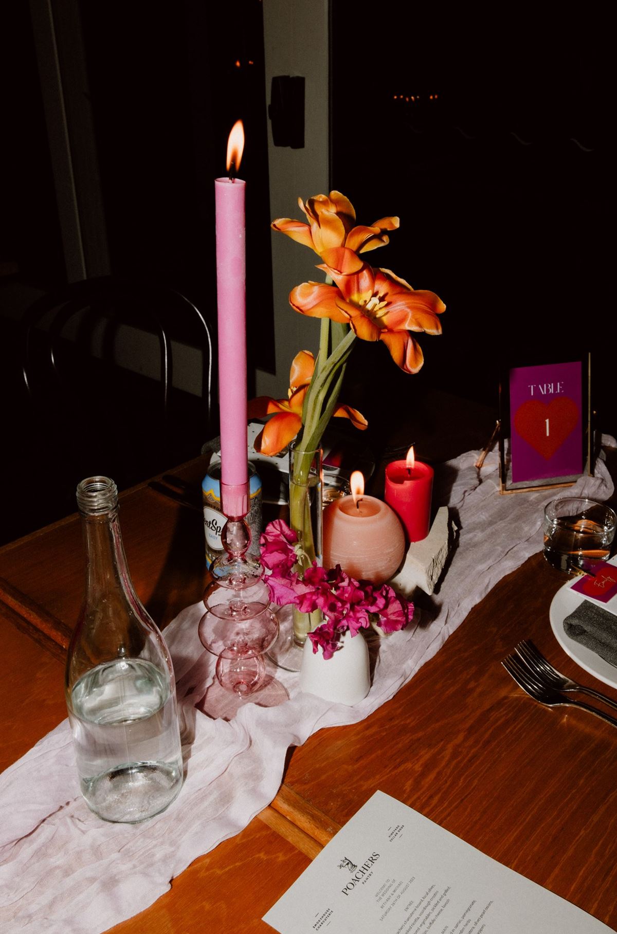pink tablescape with flowers