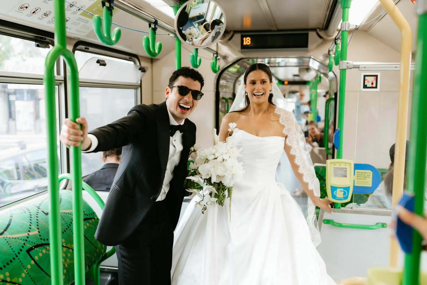 zinc fed square wedding couple on tram