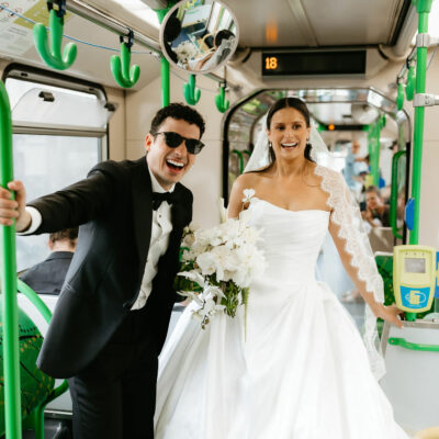 zinc fed square wedding couple on tram