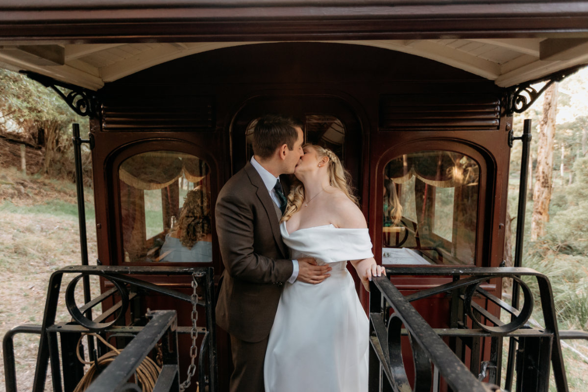 Tia and Adam’s rustic wedding featuring Puffing Billy