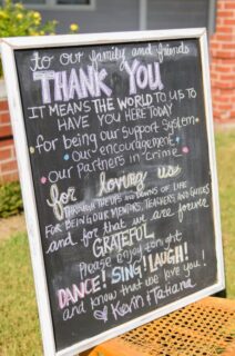 blackboard greeting at wedding reception