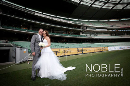 wedding couple in a sports arena
