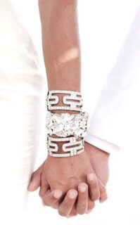 bride wearing crystal bracelets
