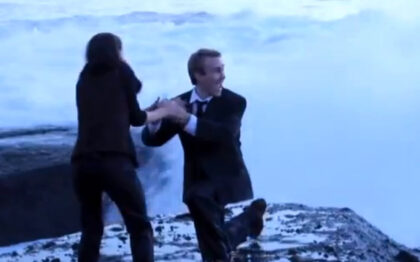 Giant waves crash Californian groom's wedding proposal