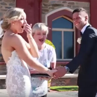 Ben and Hannah gasp as their young son interrupts their wedding The moment Hannah and Ben's three-year-old son stopped their wedding to declare an important announcement. Image: Hannah Lienert Forrest via Facebook