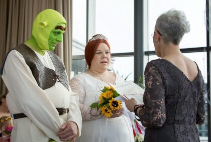 shortly after their fairytale wedding|Before and After: The groom|Jersey couple Heidi Coxshall and Paul Bellas take their vows dressed as Shrek and Princess Fiona|The couple's four-year-old son Leo dressed up as Donkey from the Shrek films|The newlyweds enjoy a moment together after officially being proclaimed ogre and wife|Even the guests joined in the fun|Jersey couple Heidi Coxshall and Paul Bellas celebrate their wedding|The newlyweds enjoy their first dance|Mr and Mrs Bellas/Shrek cut their wedding cake|One of the guests dressed up as Puss-in-boots|Jersey couple Heidi Coxshall and Paul Bellas shortly after their fairytale wedding|Heidi Coxshall and Paul Bellas dressed as Shrek and Princess Fiona