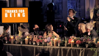 Former McFly lead singer Tom Fletcher serenades his new wife on their wedding day.|One of Tom's bandmates (and a groomsman) reacts to a line in his medely thanking them|Former boy band member Tom Fletcher sang his wedding speech|One of Tom's bandmates (and a groomsman) reacts to a line in his medely thanking them|McFly's lead singer Tom Fletcher serenades his new wife on their wedding day.|