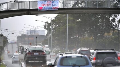 everyone wants to know who Aussie Dave is - and why Jen's leaving. Image: Jay Town (Leader)|After proposing to Jen on a sign above Melbourne's Nepean Highway