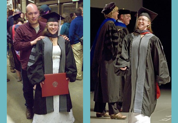 Bride wears wedding gown to graduation