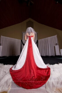 Red wedding dress|Red wedding dress|Red wedding dress|The bride's aunt hand-sewed the red ribbon around the veil.|