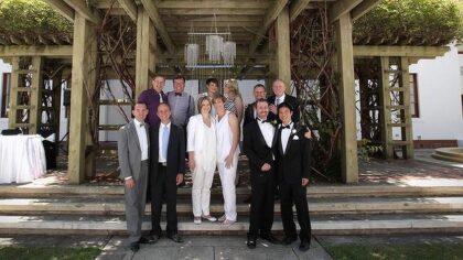Six of the same-sex couples who got married in the ACT pose for a group photo at Old Parliament House. Photo: Alex Ellinghausen / Canberra Times|
