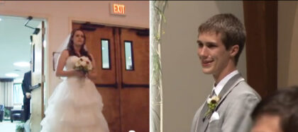 Bride serenades groom up the aisle|