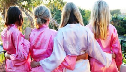 bridesmaids pink satin gowns|