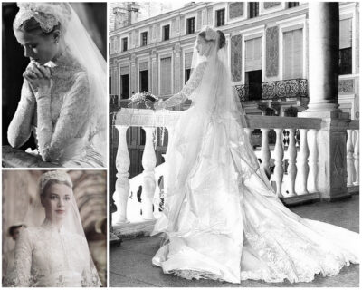 knee-length 1950s style|Grace Kelly's wedding|Audrey Hepburn in Funny face vintage wedding dress|1920s wedding dress and veil|Joan Collins 1950s belero jacket wedding dress|