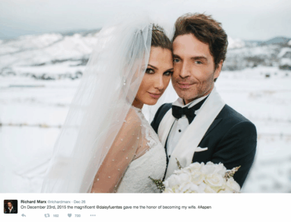 Daisy Fuentes and Richard Marx have married in Aspen||Richard posted this photo to Twitter just three days after the couple married. Image: Richard Marx via Twitter||Daisy and Richard in their ceremony attire. Image: Richard Marx via Twitter