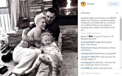 Pink proposed to Carey Hart mid race|PINK AND CAREY HART CELEBRATE TEN YEAR WEDDING ANNIVERSARY|Carey Hart shares sweet family photo on Instagram to commemorate their 10 year anniversary