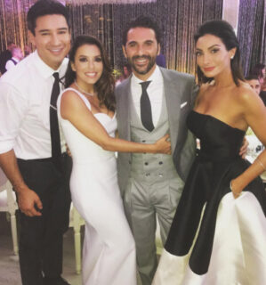 Eva Longira shared an image of ehr wedding placecards on her Instagram account|Eva Longoria poses for a photo with her bestie and wedding dress designer Victoria Beckham|Ricky Martin and his partner were some of the celebrites at Eva Longorias wedding|David and Victoria Beckham with actor Mario Lopez and his wife||||||