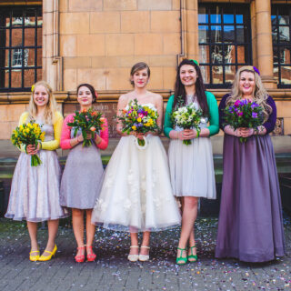 Mismatched bridesmaids|Laura and James' Colourful Wedding|wedding colours|wedding colours|wedding colours||Sally and Andy's Country Rustic Wedding|wedding colours|Wedding dress red belt